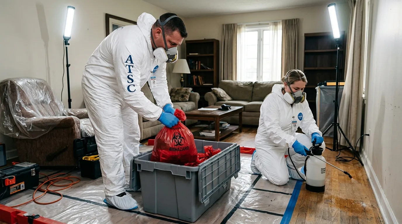 Professional Biohazard Cleanup technician in full PPE working in Glen Carbon